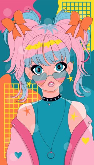 Cartoon girl with pink hair and heart-shaped glasses